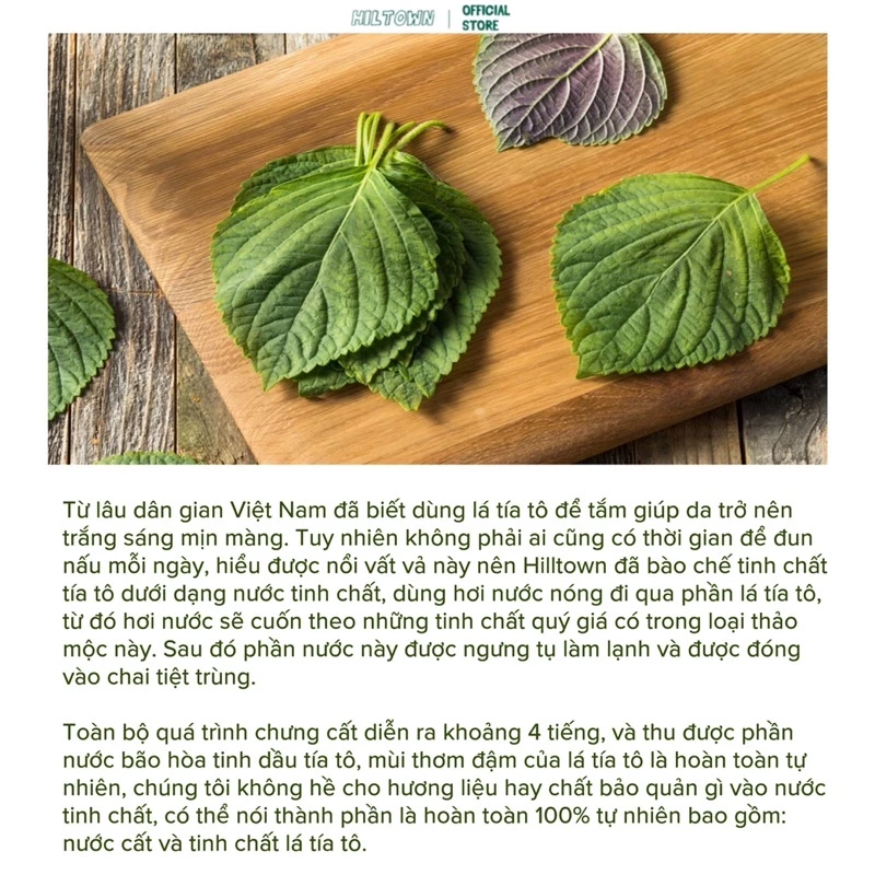 Lá tía tô tươi và chai toner tía tô Hiltown